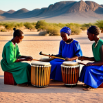 **

"A scene depicting a group of Namibian musicians playing traditional instruments like the Marimba and Mbira, fully clothed in colorful, modest clothing, performing outdoors in a desert landscape at sunset, safe for work, appropriate content, professional photography, perfect anatomy, correct proportions, family-friendly."

**