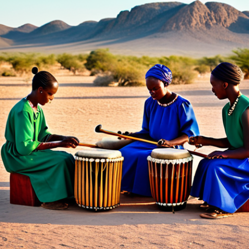 Home 8 **
"A scene depicting a group of Namibian musicians playing traditional instruments like the Marimba and Mbira, fully clothed in colorful, modest clothing, performing outdoors in a desert landscape at sunset, safe for work, appropriate content, professional photography, perfect anatomy, correct proportions, family-friendly."
**