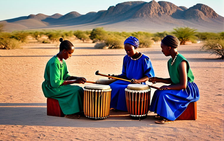 **
"A scene depicting a group of Namibian musicians playing traditional instruments like the Marimba and Mbira, fully clothed in colorful, modest clothing, performing outdoors in a desert landscape at sunset, safe for work, appropriate content, professional photography, perfect anatomy, correct proportions, family-friendly."
**
